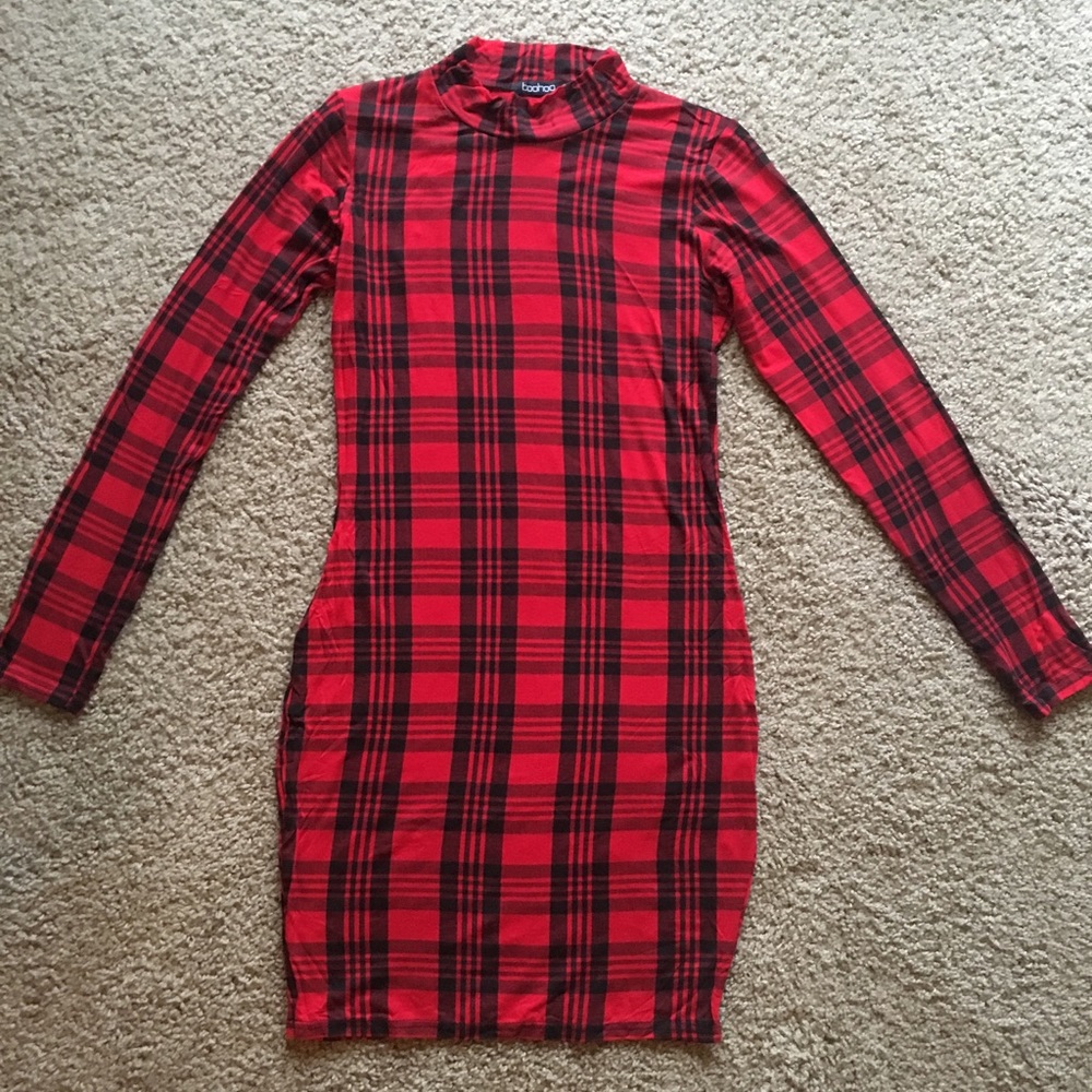 Boohoo Red Plaid Bodycon Dress